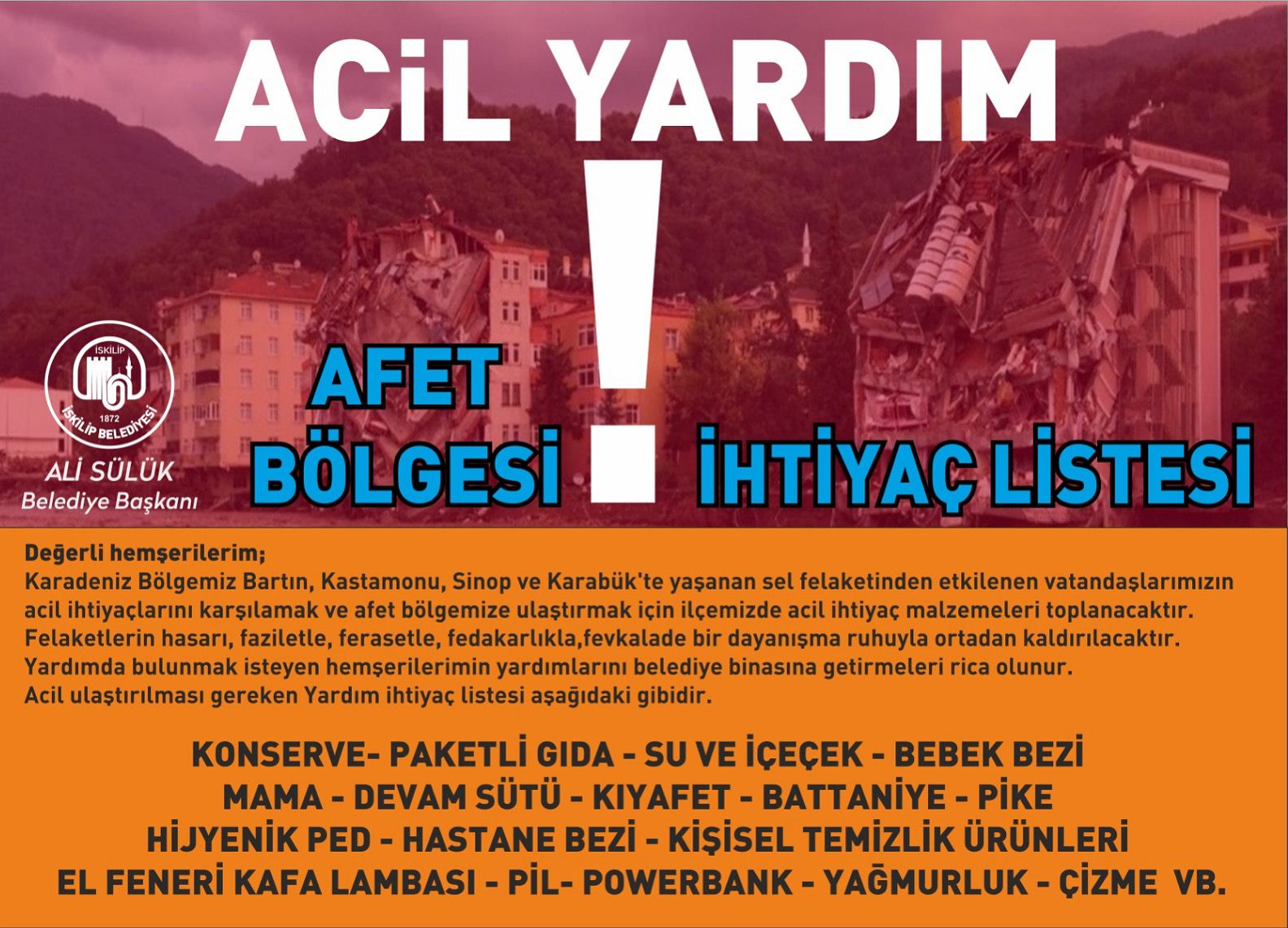 BELEDİYE AFET BÖLGESİNE YARDIM KAMPANYASI BAŞLATTI. 