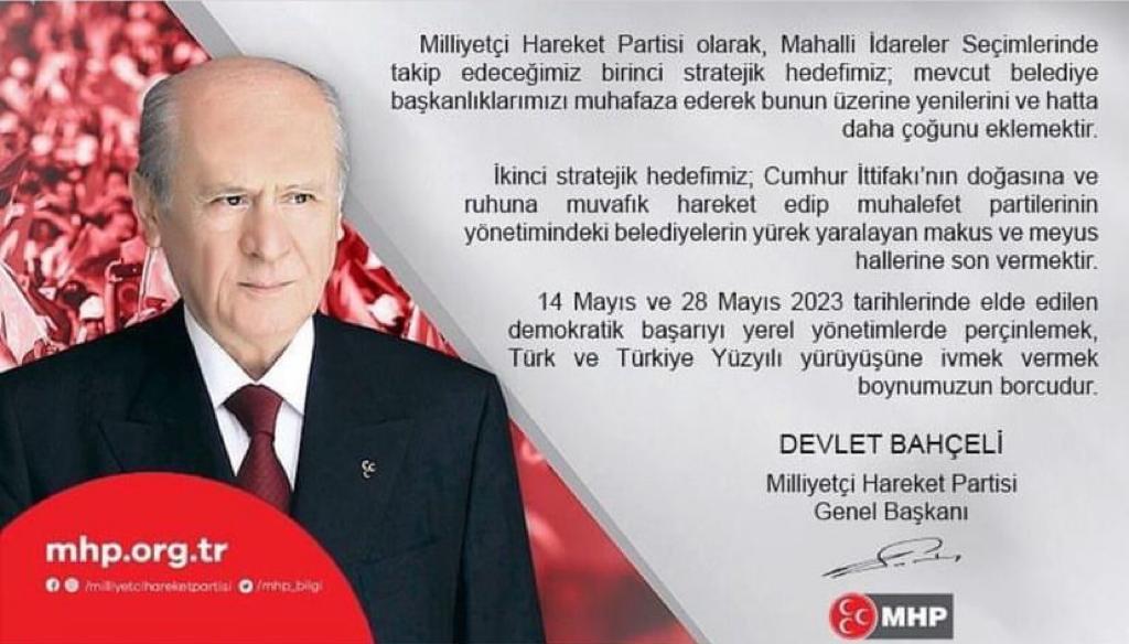  BAHÇELİ; “BİRİNCİ HEDEFİMİZ MEVCUT BELEDİYE BAŞKANLIKLARIMIZI MUHAFAZA ETMEKTİR”